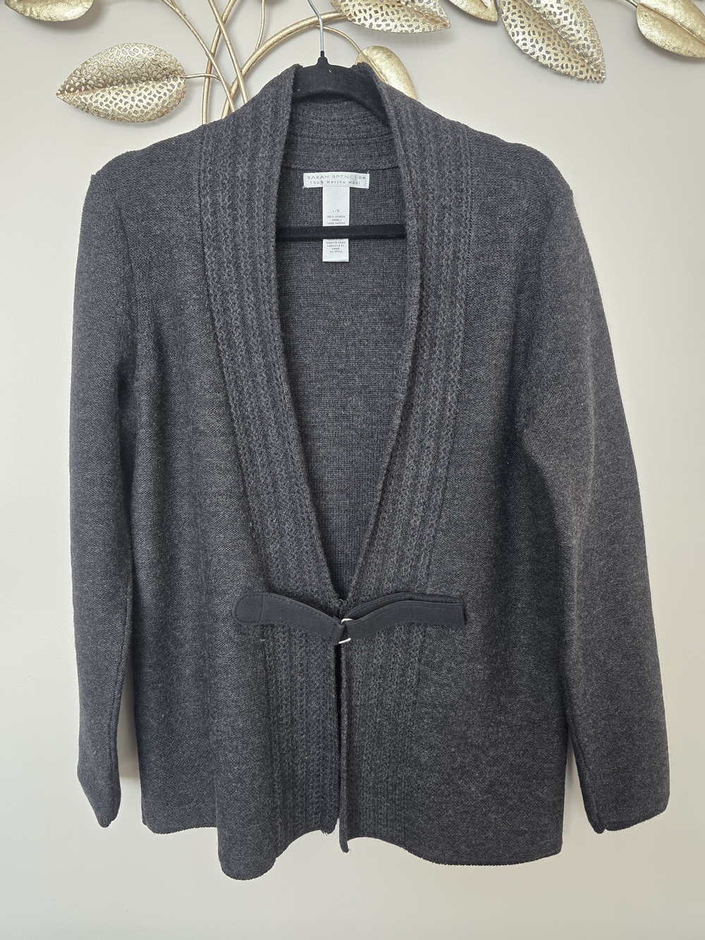 Sarah Spencer Wool Dark Charcoal Shawl Collar Tie-Front Cardigan Size L
